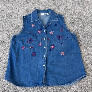 Cabin Creek Jean Shirt Womens 18W 100% Cotton Embroidered Stars 90s Y2K Vintage